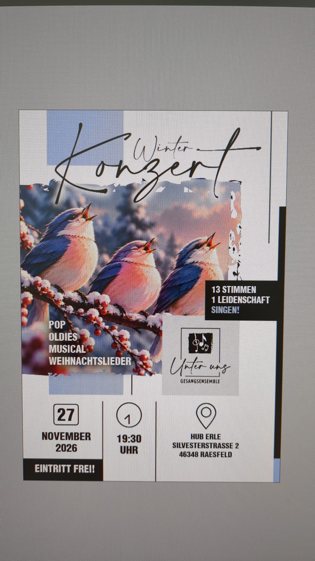 Winterkonzert des Gesangsensembles Unter uns am 27. November 2026 im HUB Erle